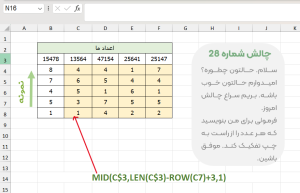 تمرین ۲۷: پردازش معکوس داده‌ها در اکسل با توابع MID, ROW و LEN